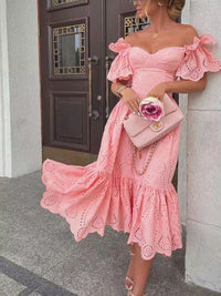 Schulterfreies Midikleid mit romantischer rosa Spitze - Eloïse