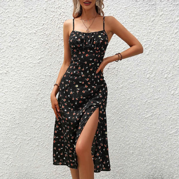 Midikleid mit roten Tupfen-Trägern und Schlitz - Fiorella