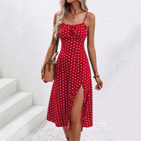 Midikleid mit roten Tupfen-Trägern und Schlitz - Fiorella