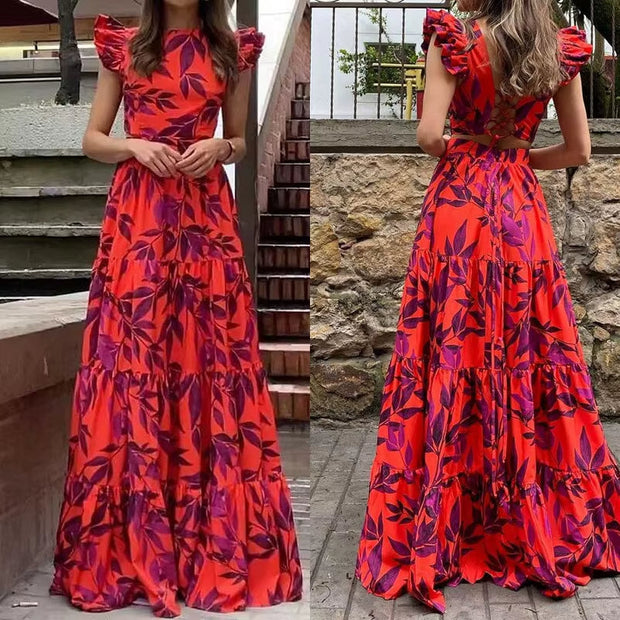 Langes Damenkleid mit Blumendruck und offenem Rücken - Mariluz