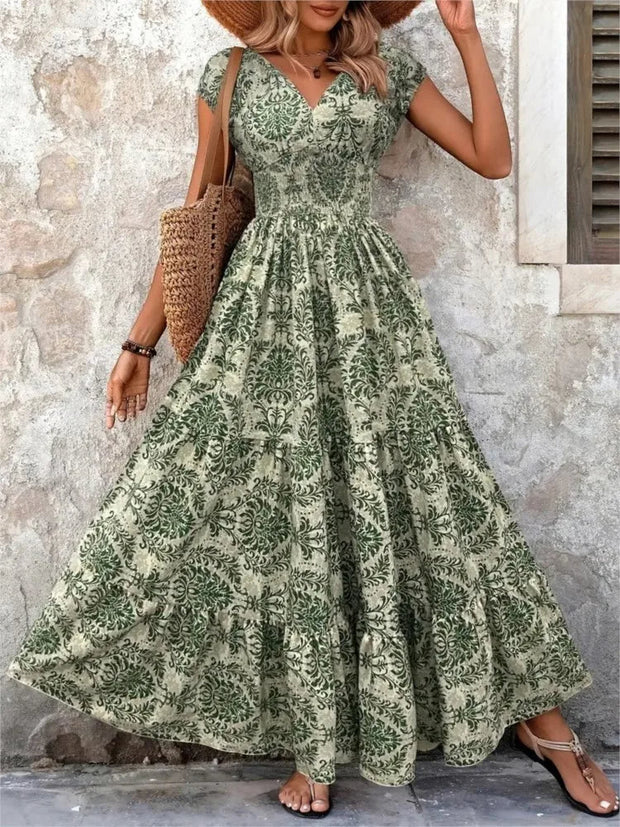 Frau langes Kleid böhmischen Druck V-Ausschnitt grün - Natalia