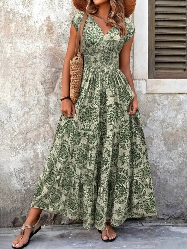 Frau langes Kleid böhmischen Druck V-Ausschnitt grün - Natalia
