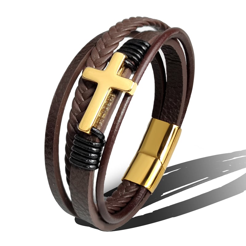 Herrenarmband Aus Geflochtenem Leder Mit Kreuz Aus Edelstahl Sentinel Stilvoll Und Bedeutend