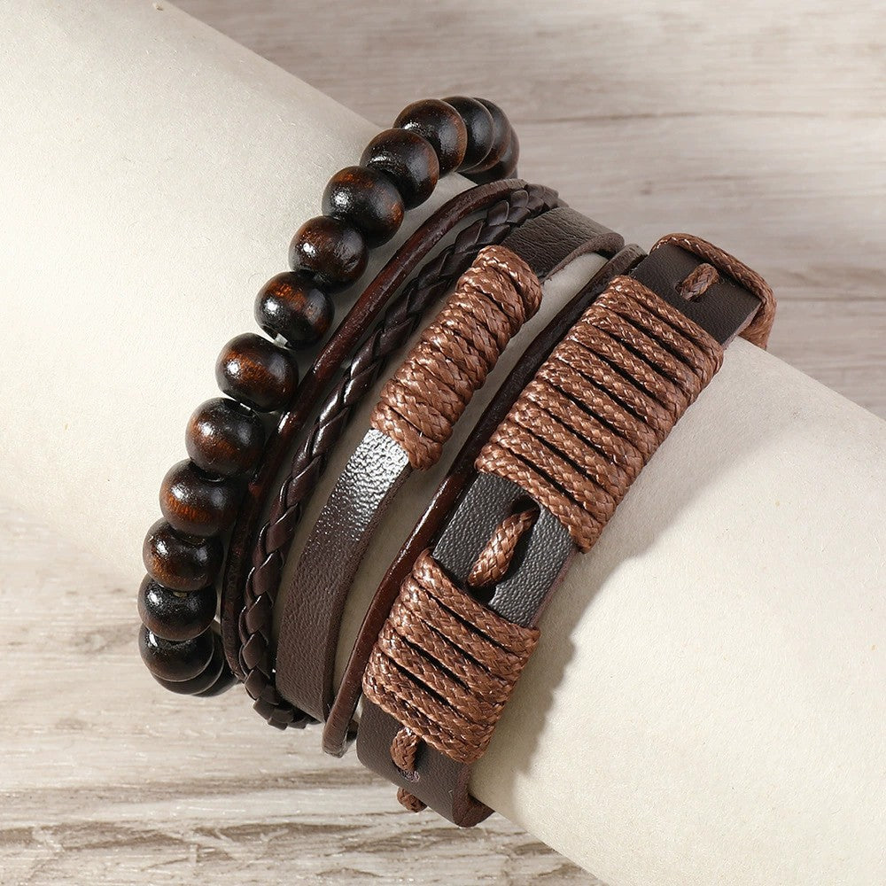 Dreiteiliges Armband Aus Leder Und Gewachste Schnur Mit Tribal Design Für Herren Terrakai