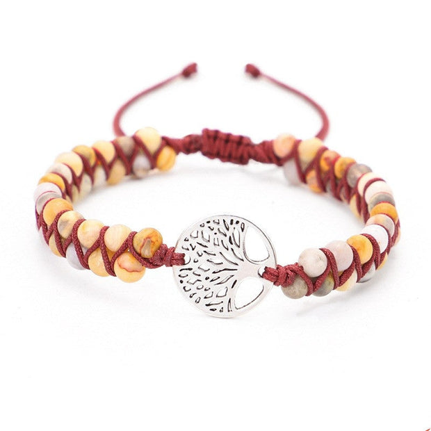 Geflochtenes Yoga Armband mit Anhänger des Baums des Lebens in Goldton, Natursteine, Baumwollkordel, Harmonisch