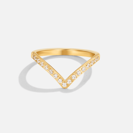 Eleganter Damenring Mit Kristallen Aus Poliertem Goldmetall, V-förmiges Design, Zeitloser Glanz Diana