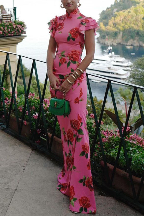 Elena - Langes Kleid mit ausgestellten Ärmeln und floralem Rosendruck