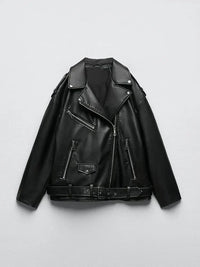 PU-Kunstlederjacke mit Gürtel und Reißverschluss