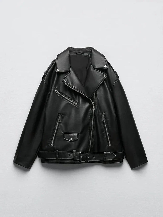 PU-Kunstlederjacke mit Gürtel und Reißverschluss