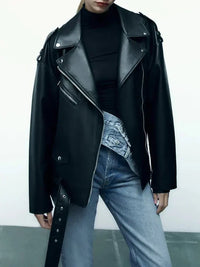 PU-Kunstlederjacke mit Gürtel und Reißverschluss
