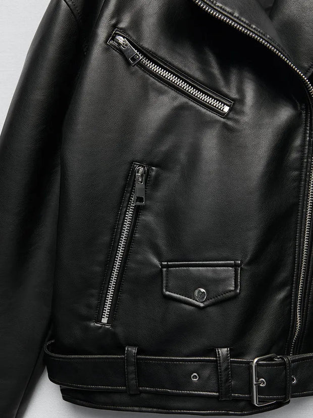 PU-Kunstlederjacke mit Gürtel und Reißverschluss