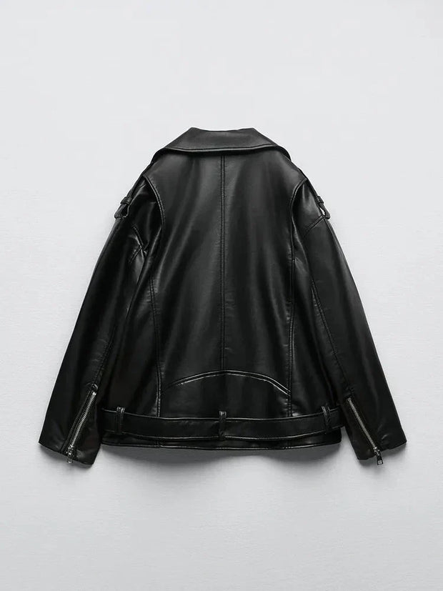 PU-Kunstlederjacke mit Gürtel und Reißverschluss