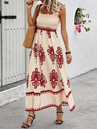 Langes Frauenkleid mit Bohème-Print, beige und schwarzer Strandträger - Zahara