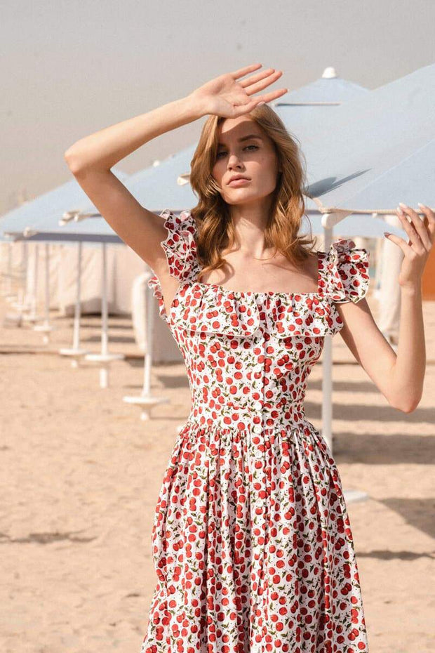 Griselda - Midikleid mit Kirschenprint und Rüschen