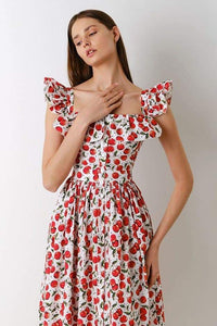Griselda - Midikleid mit Kirschenprint und Rüschen