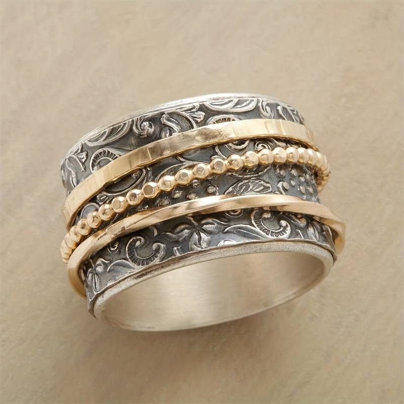 Antiker Ring Aus Gold Und Silber Handgefertigt Mit Filigrane Silberbasis Und Goldakzente Mit Florales Relief
