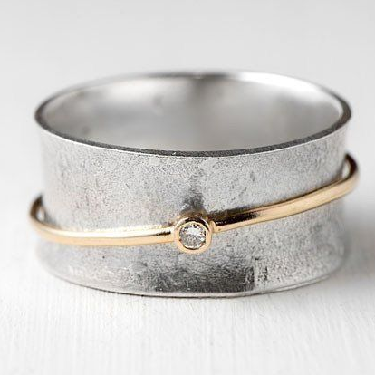 Silberring Zirkonia Vintage Gold Linie Mit Oxidiertem Finish Breiter Ring Minimalistisches Design Und Gold Detail