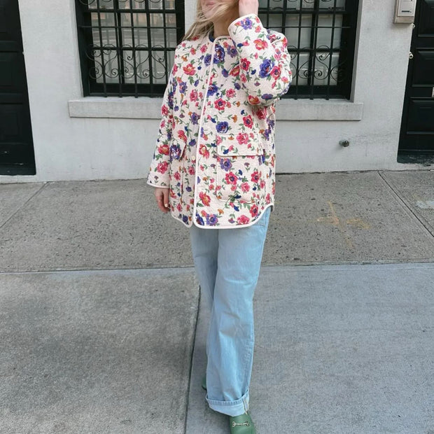 Jeansjacke mit Blumenmuster, Taschen und lockerer Passform