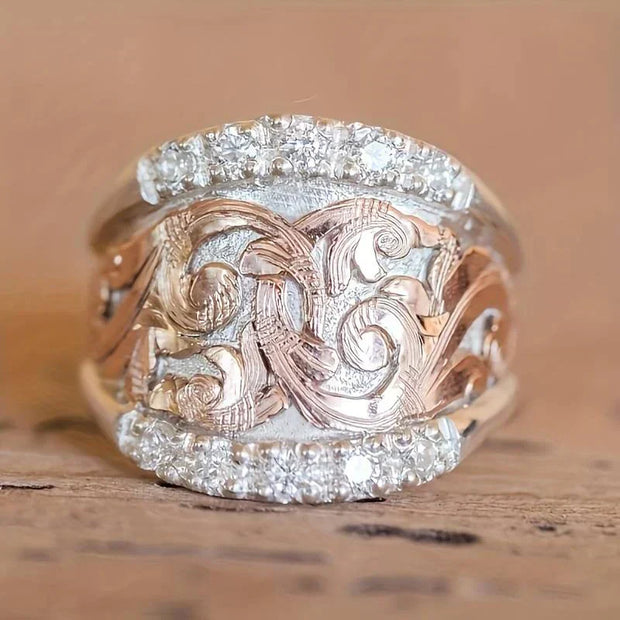 Vintage-Ring Aus Silber Und Rosé Mit Filigrane Florale Reliefe Und Diamantenverzierung Für Eleganten Stil