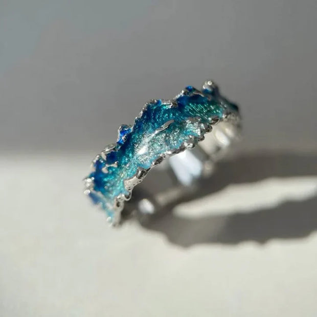 Silberring Vintage Blue Ocean Esme Organisches Wellendesign Mit Tiefblauen Details