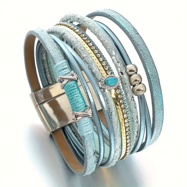 Armbandset Aus Blauem Leder Elise Mit Multilayer Design Und Strass Verzierungen In Gold Und Silber