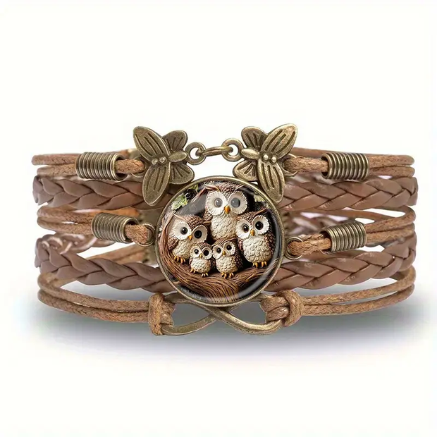 Lederarmband Eule Elin Boho Stil Schmuck Handgefertigt Mit Zentralem Anhänger In Bronzeoptik