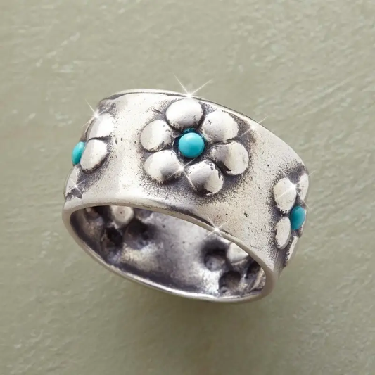 Ring Sonnenblumenring Sterlingsilber Mit Blauem Stein Im Relief Boho Stil Elegantes Accessoire Dara