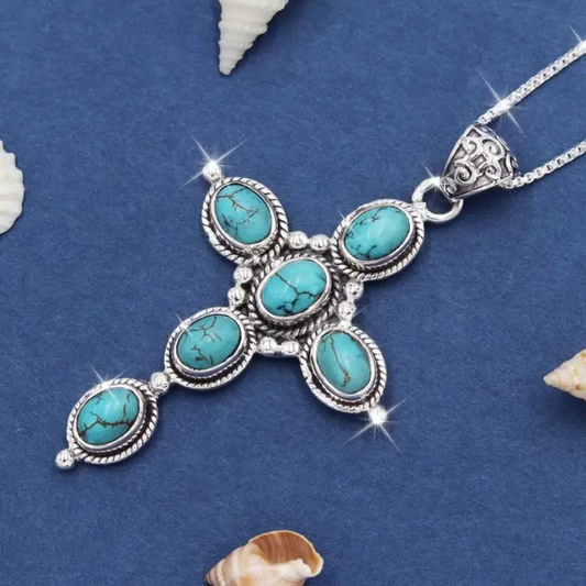 Halskette Kreuz Aus Blauem Stein Elia Elegantes Silberschmuckstück Mit Natürlichen Blau Kristallen