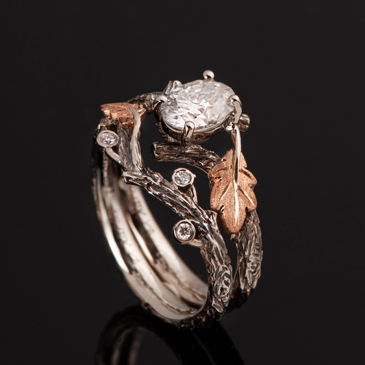 Ring Mit Zweig Aus Weißen Kristallen Und Zentraler Ovaler Diamant Roségold Blattdekor Handgefertigt