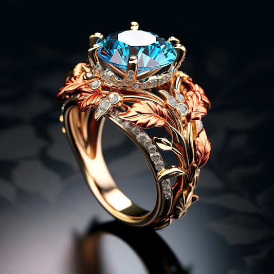Exotischer Ring Mit Goldenem Blatt Und Blauem Zirkon Bria Handgefertigter Naturinspirierter Schmuck
