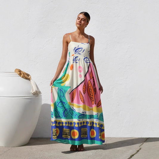 Langes, fließendes, bedrucktes, trägerloses Kleid für Frauen - Naïma