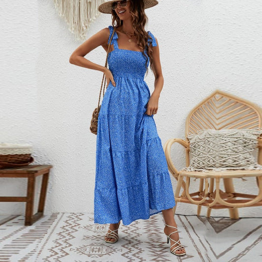 Langes Damenkleid mit geknoteten Wabenträgern - Estrella
