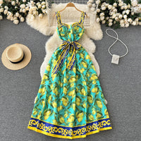 Langes Vintage Kleid mit Zitronenmuster und Schleife - Élodie