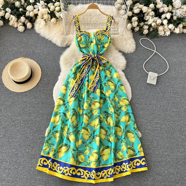 Langes Vintage Kleid mit Zitronenmuster und Schleife - Élodie