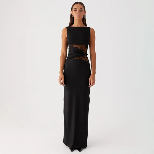 Ärmelloses langes Kleid mit transparenter Spitze - Leontina