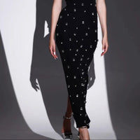 Damen langes Kleid mit Strasssteinen asymmetrischer Ausschnitt eleganter Stil - Vianey