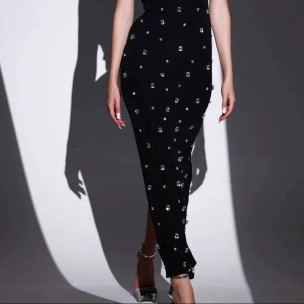 Damen langes Kleid mit Strasssteinen asymmetrischer Ausschnitt eleganter Stil - Vianey