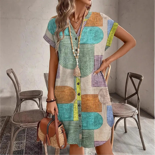 Bohème Hemdblusenkleid mit geometrischem Muster für Damen - Galilea