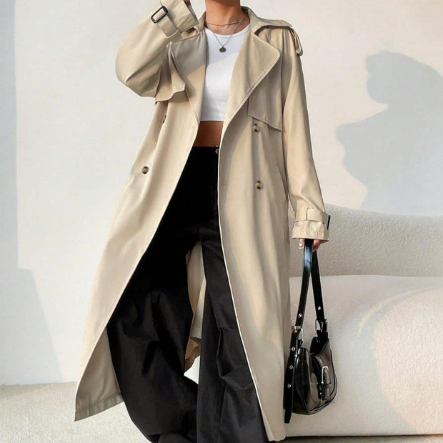 Langer Trenchcoat für Damen mit doppeltem Revers und verstellbarem Gürtel - Maelis