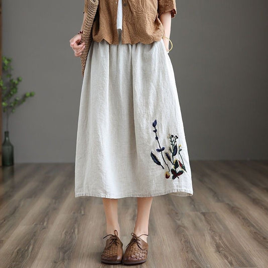 Damen Midirock mit Gummizug in der Taille und handgefertigter Blumenstickerei - Amandine