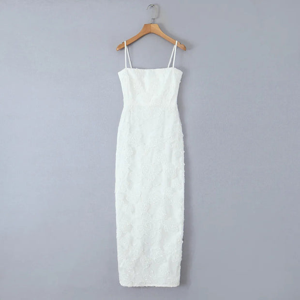 Langes Kleid aus geblümter Spitze mit eleganten Spaghetti-Trägern - Elena