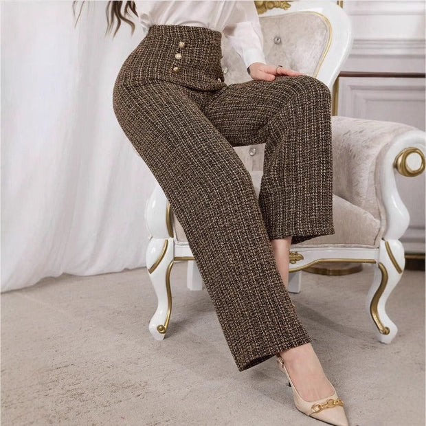Damen-Tweedhose mit hoher Leibhöhe und Zierknöpfen - Noémie