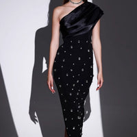 Damen langes Kleid mit Strasssteinen asymmetrischer Ausschnitt eleganter Stil - Vianey