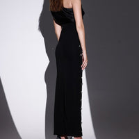 Damen langes Kleid mit Strasssteinen asymmetrischer Ausschnitt eleganter Stil - Vianey
