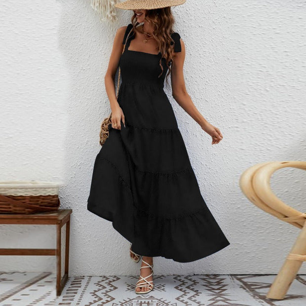 Langes Damenkleid mit geknoteten Wabenträgern - Estrella