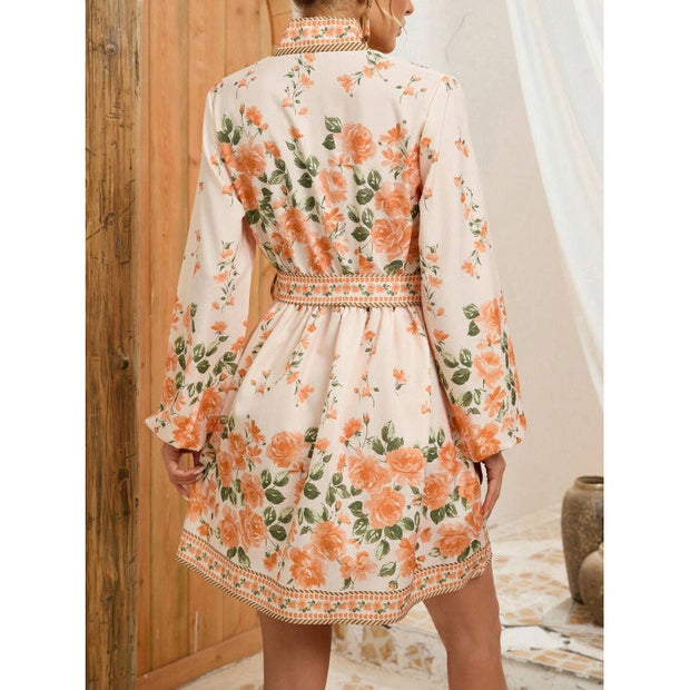 Bohemian floral kurzes Frauenkleid mit Gürtel - Elvire