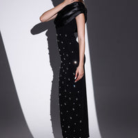 Damen langes Kleid mit Strasssteinen asymmetrischer Ausschnitt eleganter Stil - Vianey
