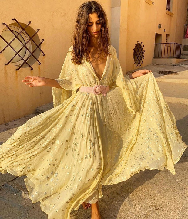 Langes Damenkleid mit metallischer Blumenstickerei - Gabriela