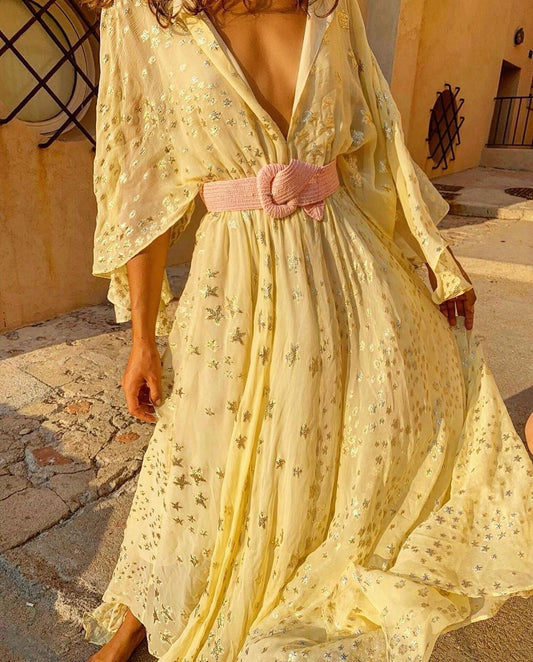 Langes Damenkleid mit metallischer Blumenstickerei - Gabriela