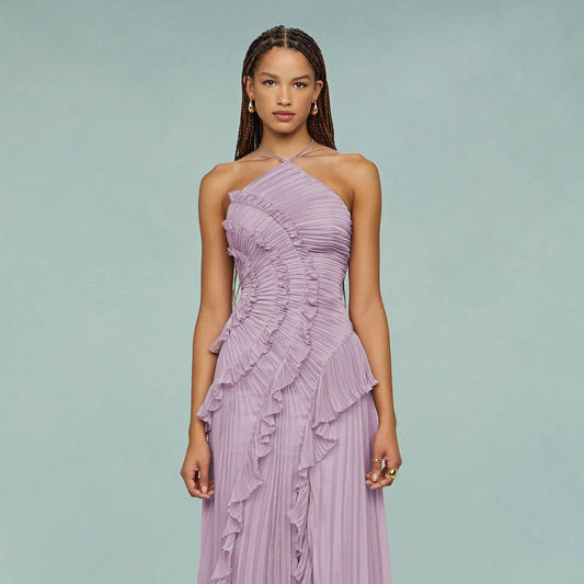 Elegantes asymmetrisches plissiertes langes Chiffonkleid - Violett